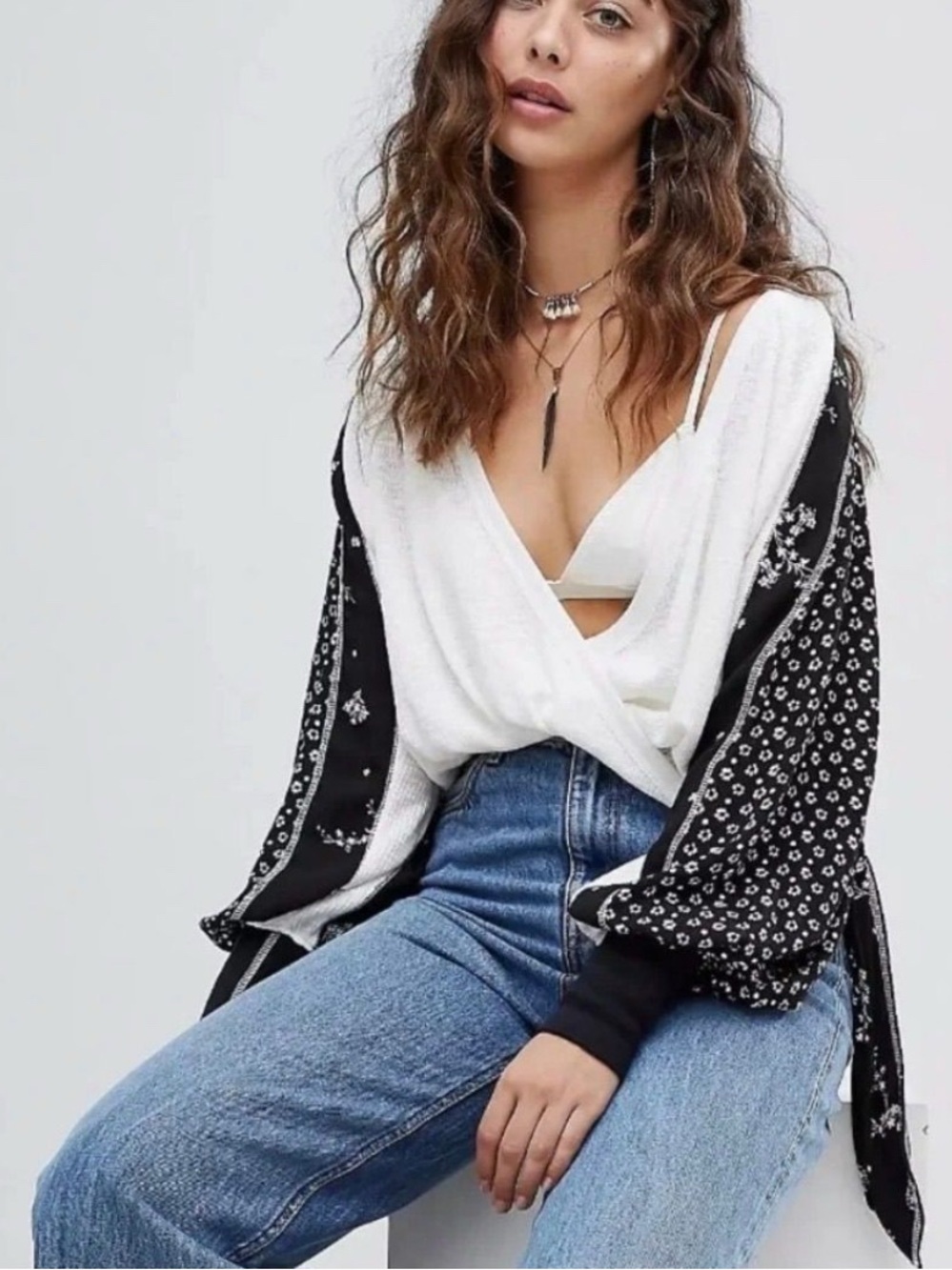 Free People White Wrap Top with Black Floral Sleeves. NWOT